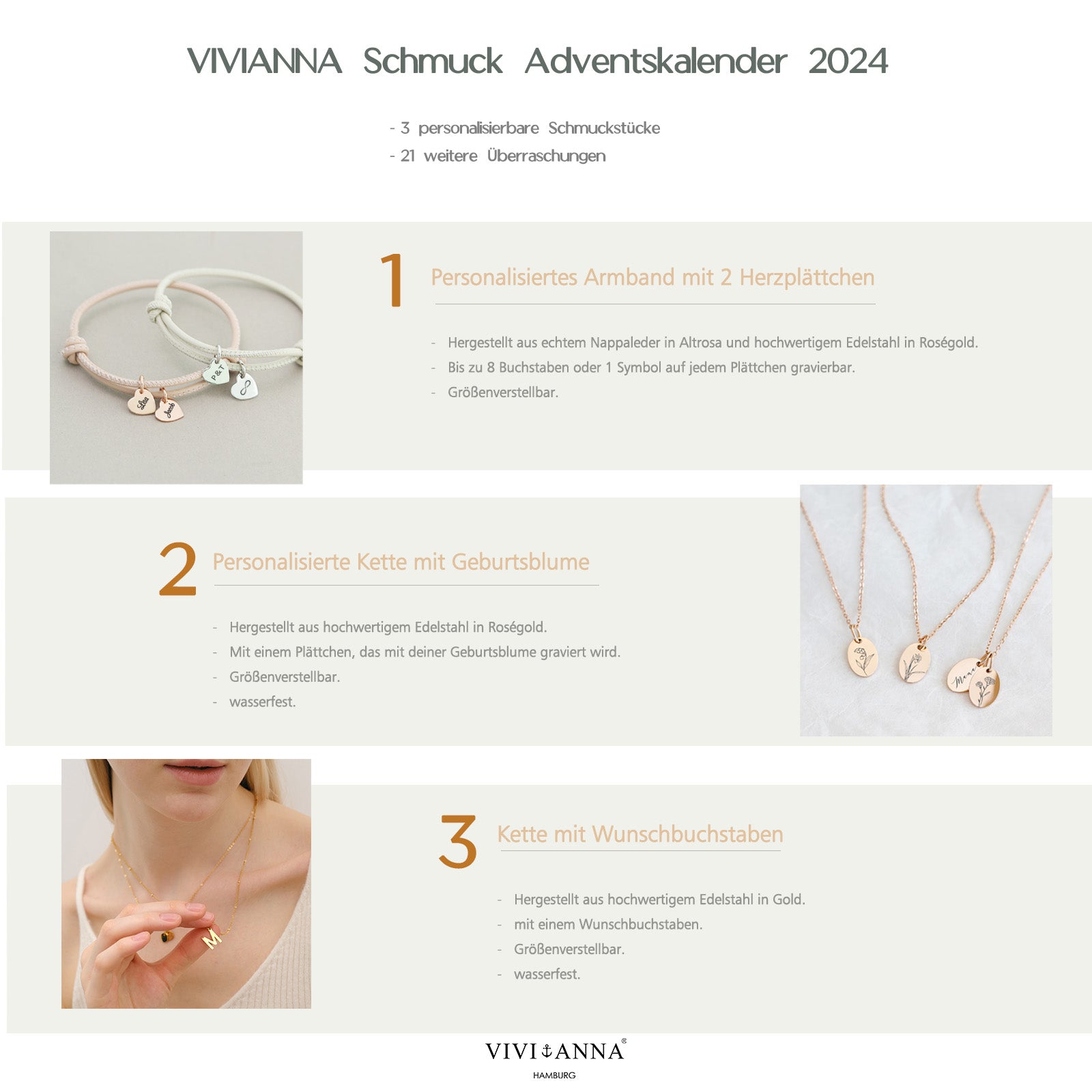 Adventskalender 2024 - Personalisierter VIVIANNA limitierter Schmuck - 3 personalisierte Schmuckstück + 21 Überraschungen - AV001 - VIVIANNASCHMUCK