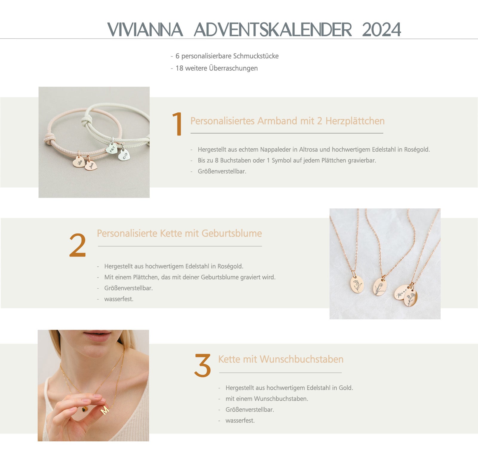 Adventskalender 2024 - Personalisierter VIVIANNA limitierter Schmuck - 6 personalisierte Schmuckstück + 18 Überraschungen - AV002 - VIVIANNASCHMUCK