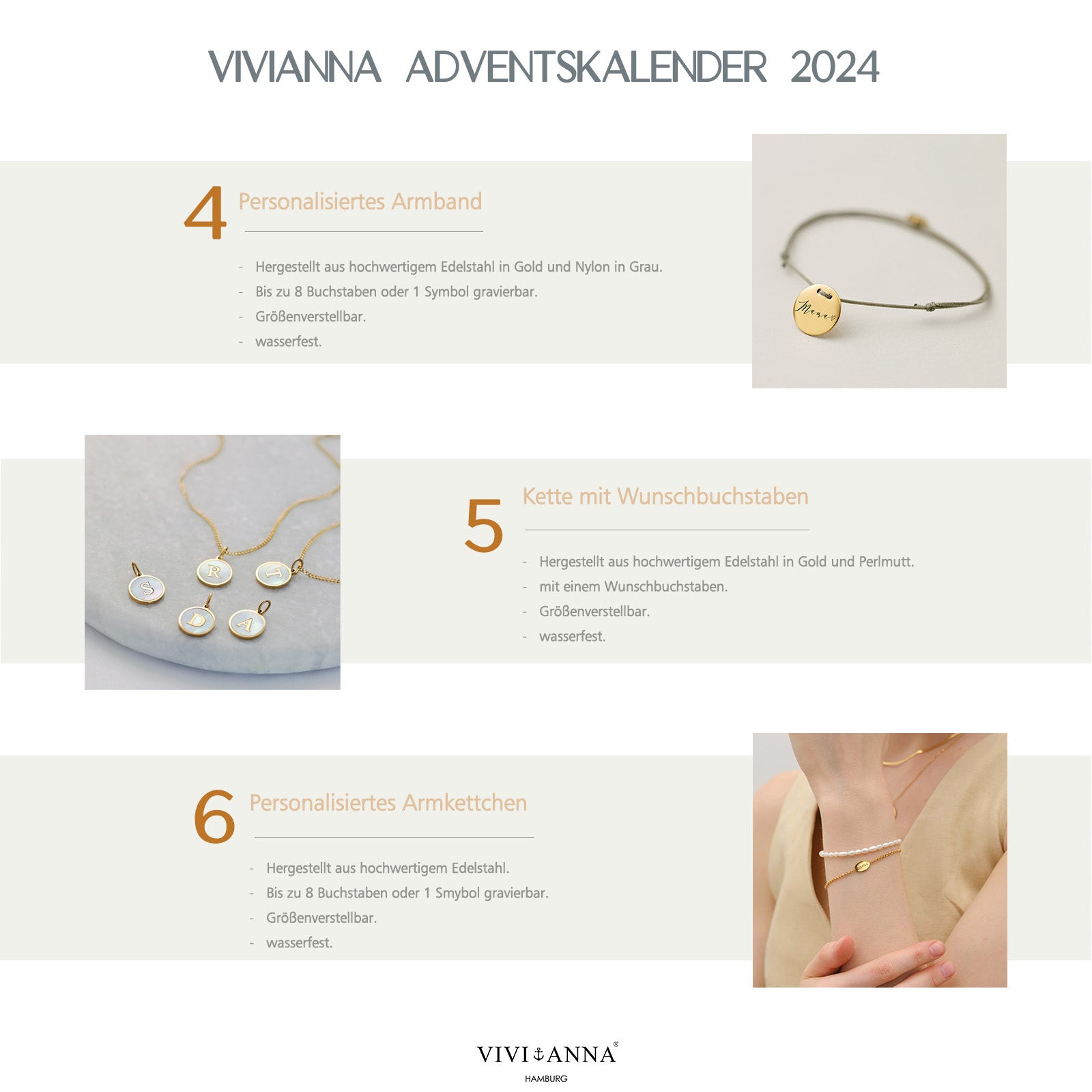 Adventskalender 2024 - Personalisierter VIVIANNA limitierter Schmuck - 6 personalisierte Schmuckstück + 18 Überraschungen - AV002 - VIVIANNASCHMUCK