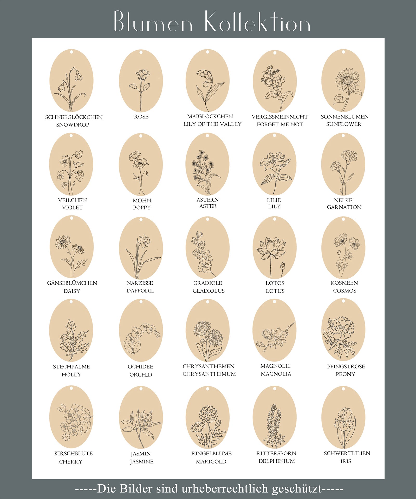 Personalisierte ovale Halskette mit handgezeichneten Geburtsblumen