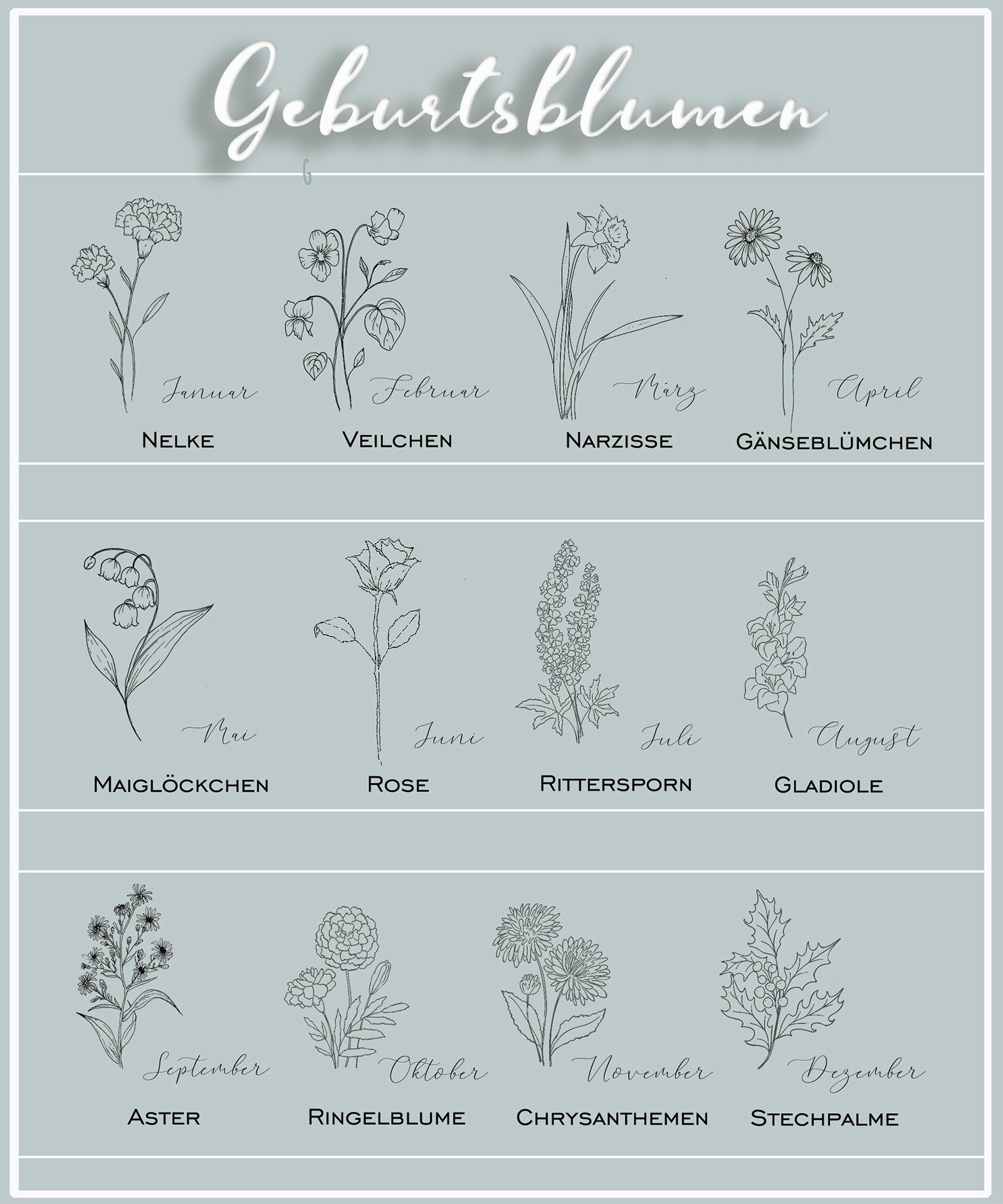 Personalisierte ovale Halskette mit handgezeichneten Geburtsblumen