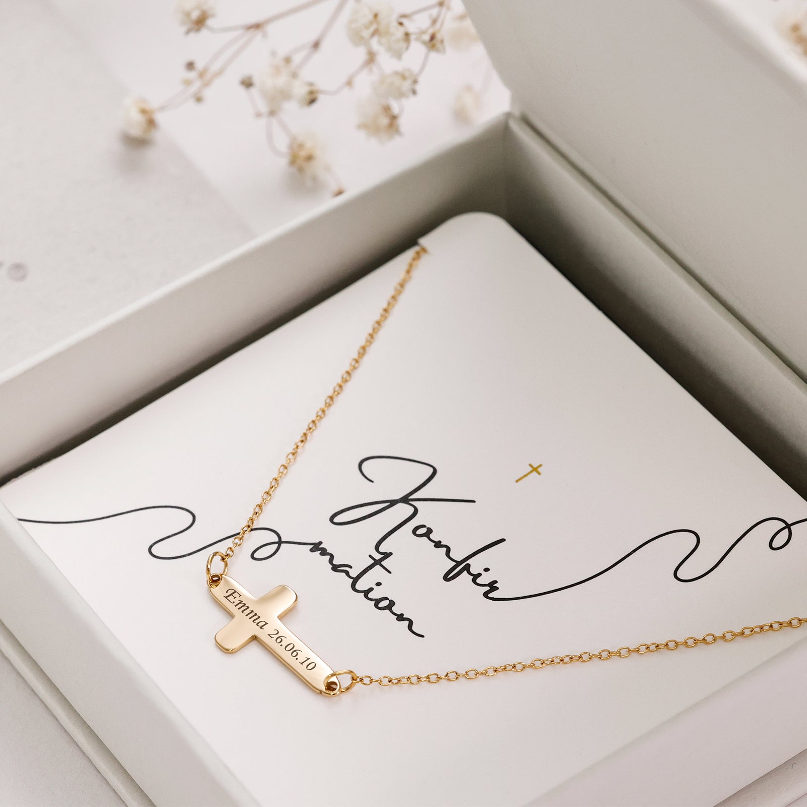 Cross sliding pearl necklace with desired engraving - confirmation gift with card