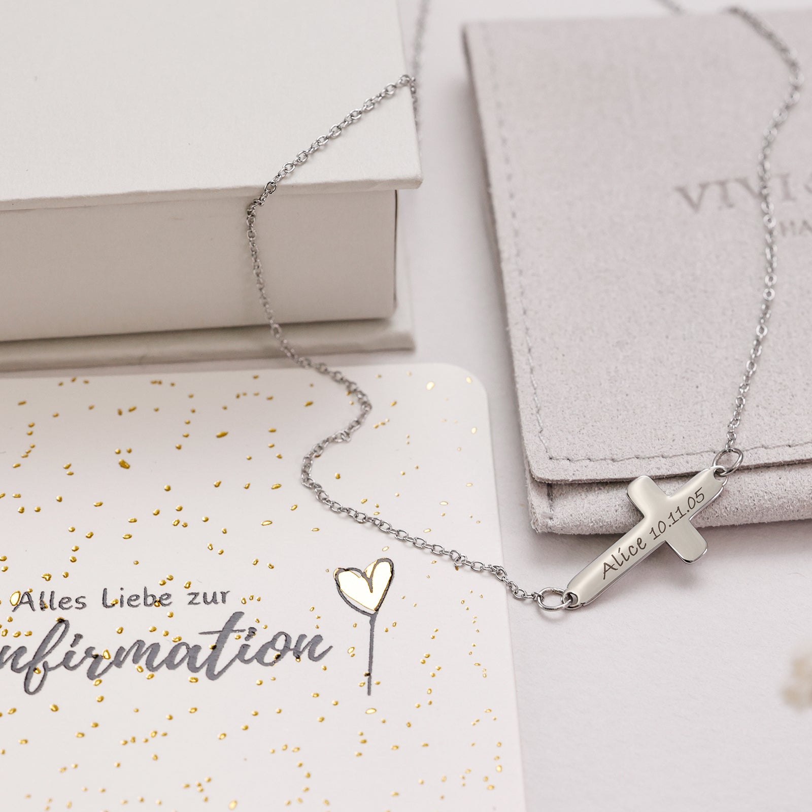 Cross sliding pearl necklace with desired engraving - confirmation gift with card