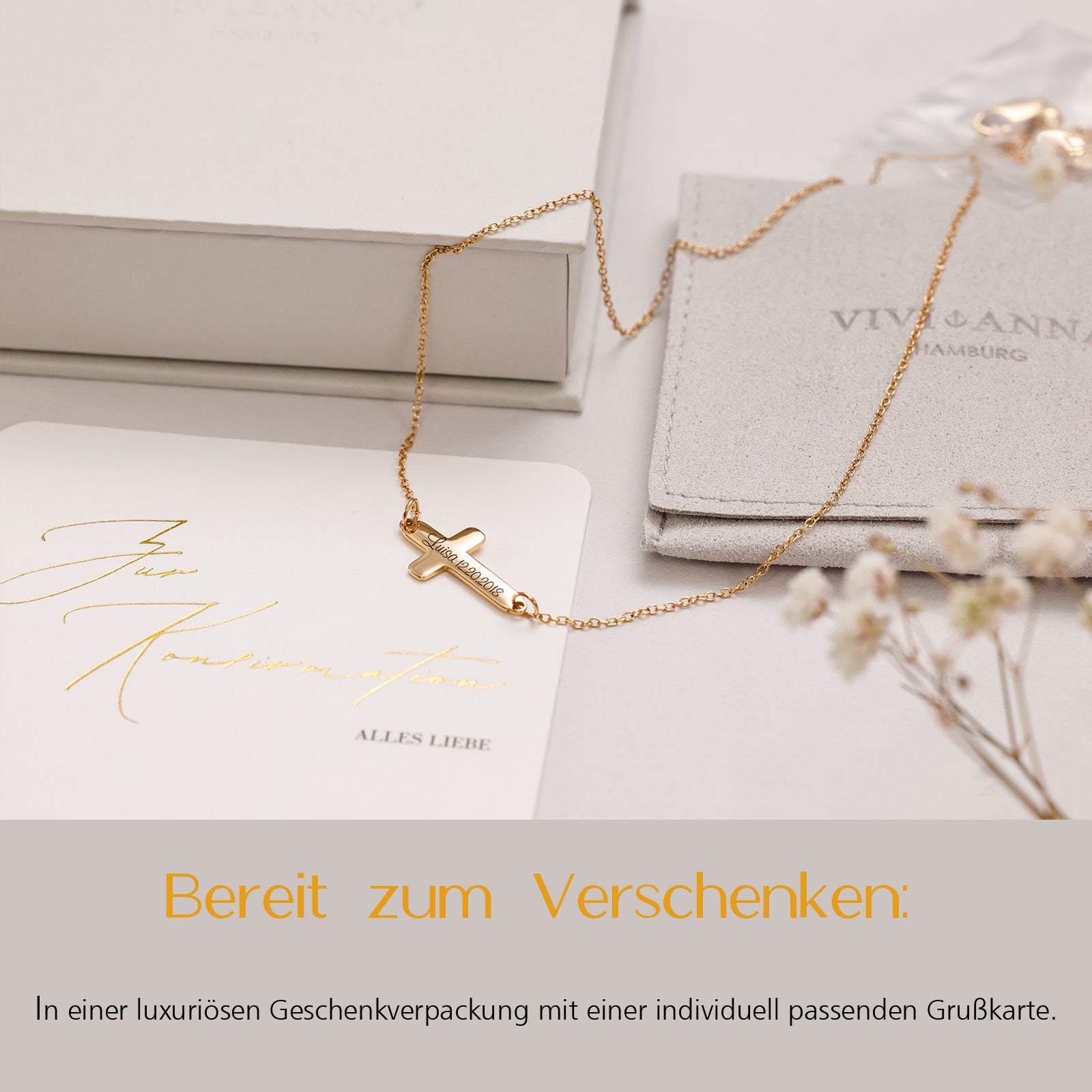 Kreuz-Schiebeperlenkette mit Wunschgravur - Geschenk zur Konfirmation mit Karte