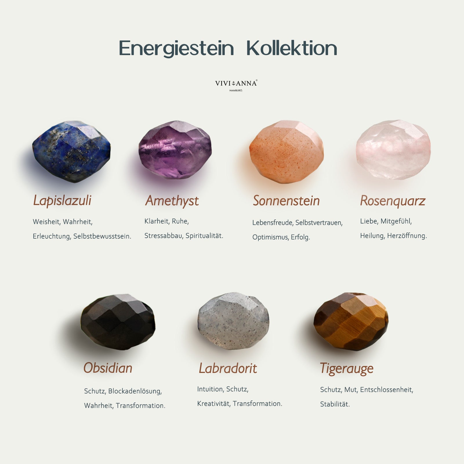 Personalisierte Energiestein Halskette - 925er Silber Kette - Hammerschlag - Namenkette - Naturstein Schmuck -Sonnenstein - Amethyst - KS006 - VIVIANNASCHMUCK