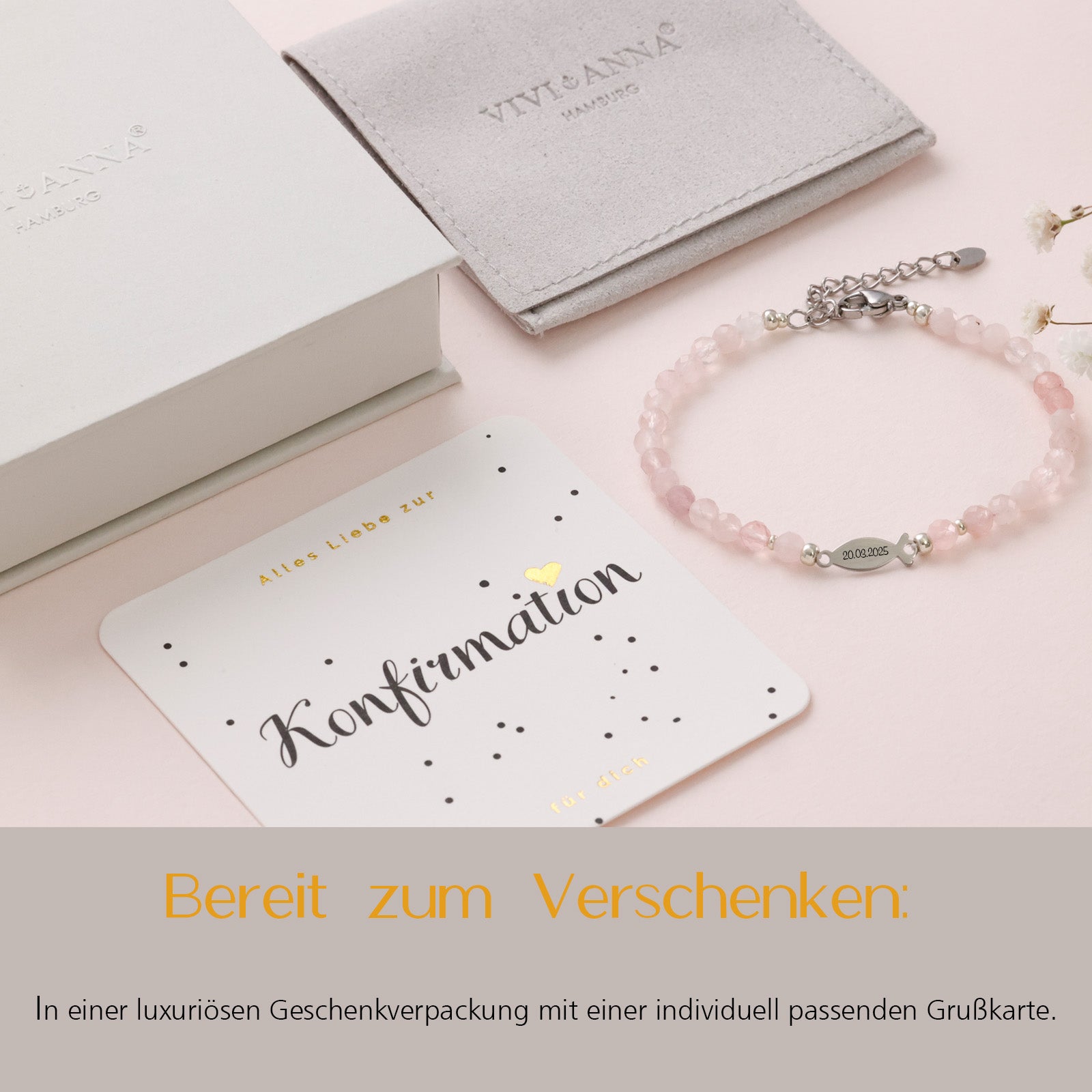 Rosenquarz Ichthys Armband - Geschenk zur Konfirmation mit Karte