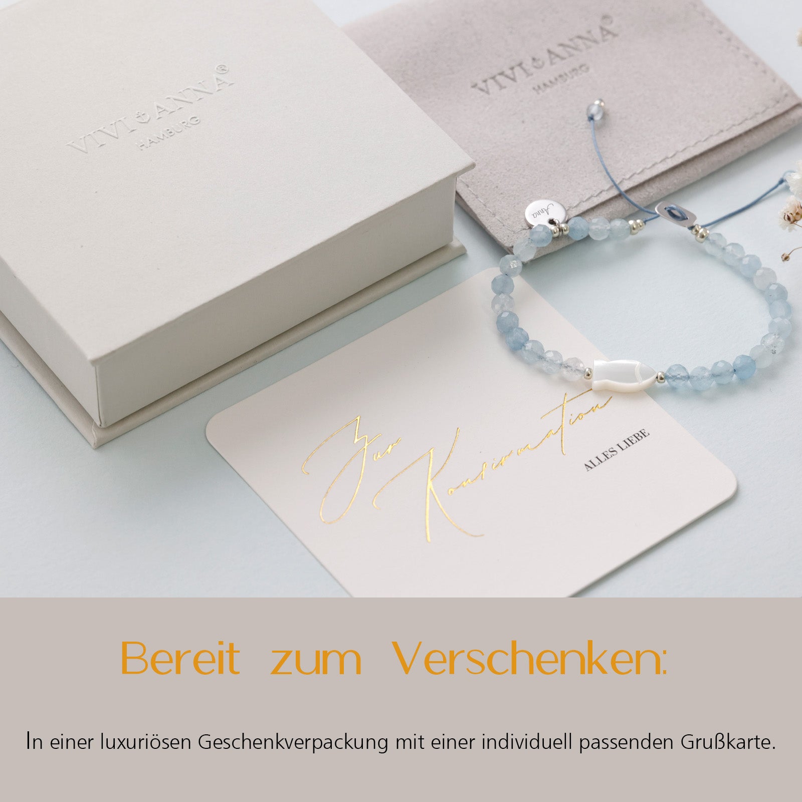 Aquamarin Perlmutt-Ichthys Armband - Geschenk zur Konfirmation mit Karte - 925er Sterling Silber