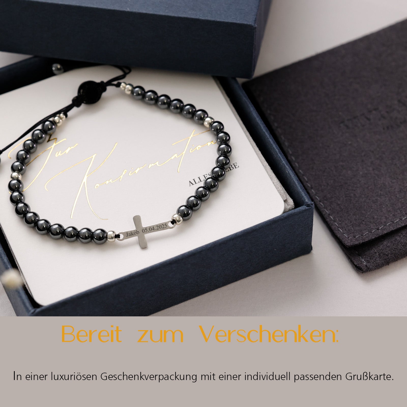 Hämatit Kreuz Armband - Geschenk zur Konfirmation mit Karte