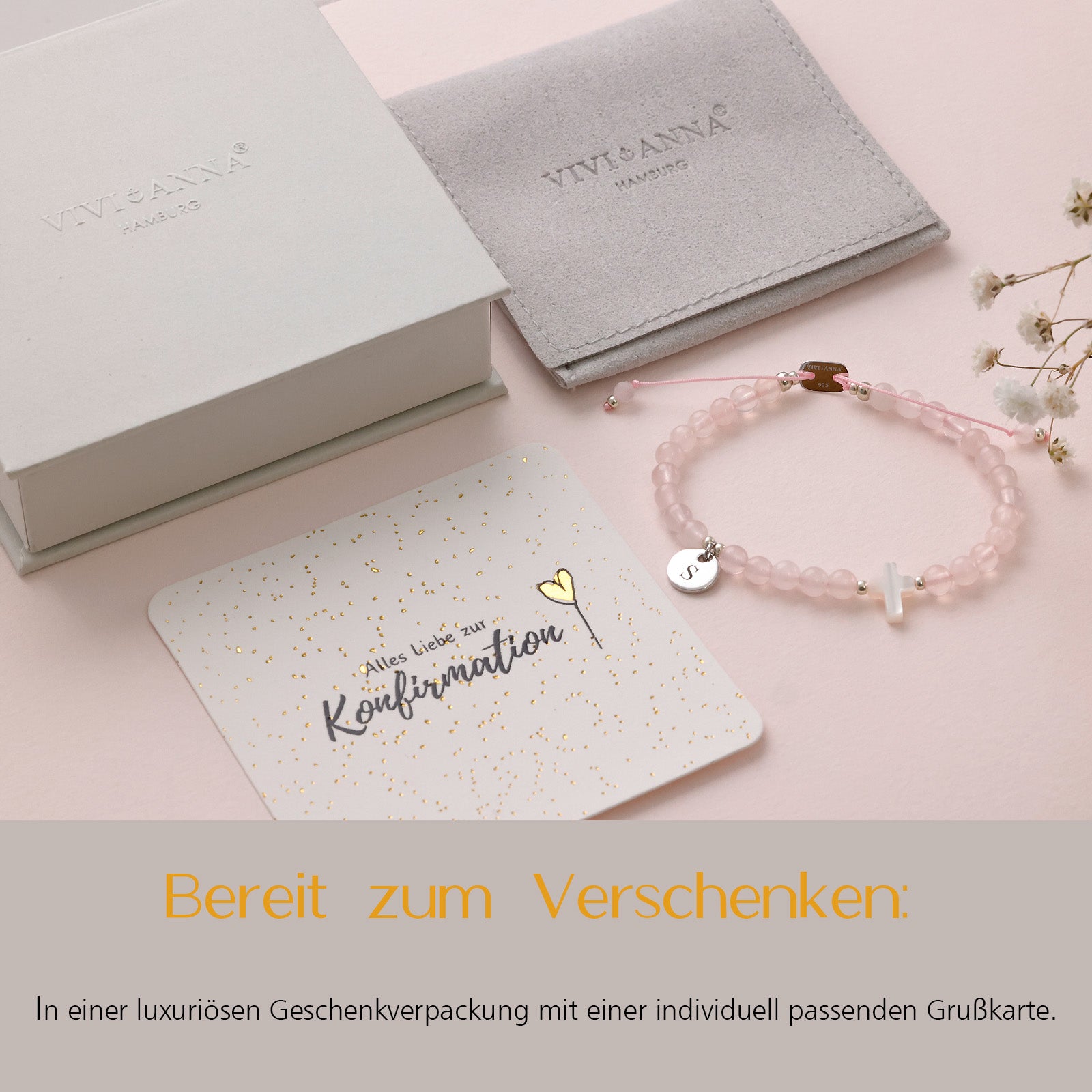 Rosenquarz Perlmutt- Kreuz Armband - Geschenk zur Konfirmation mit Karte - 925er Sterling Silber