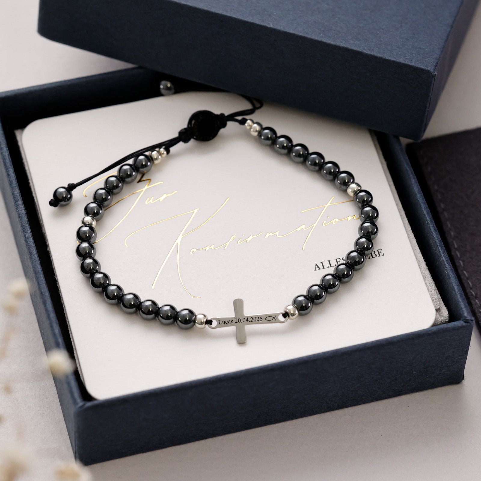 Hämatit Kreuz Armband - Geschenk zur Konfirmation mit Karte