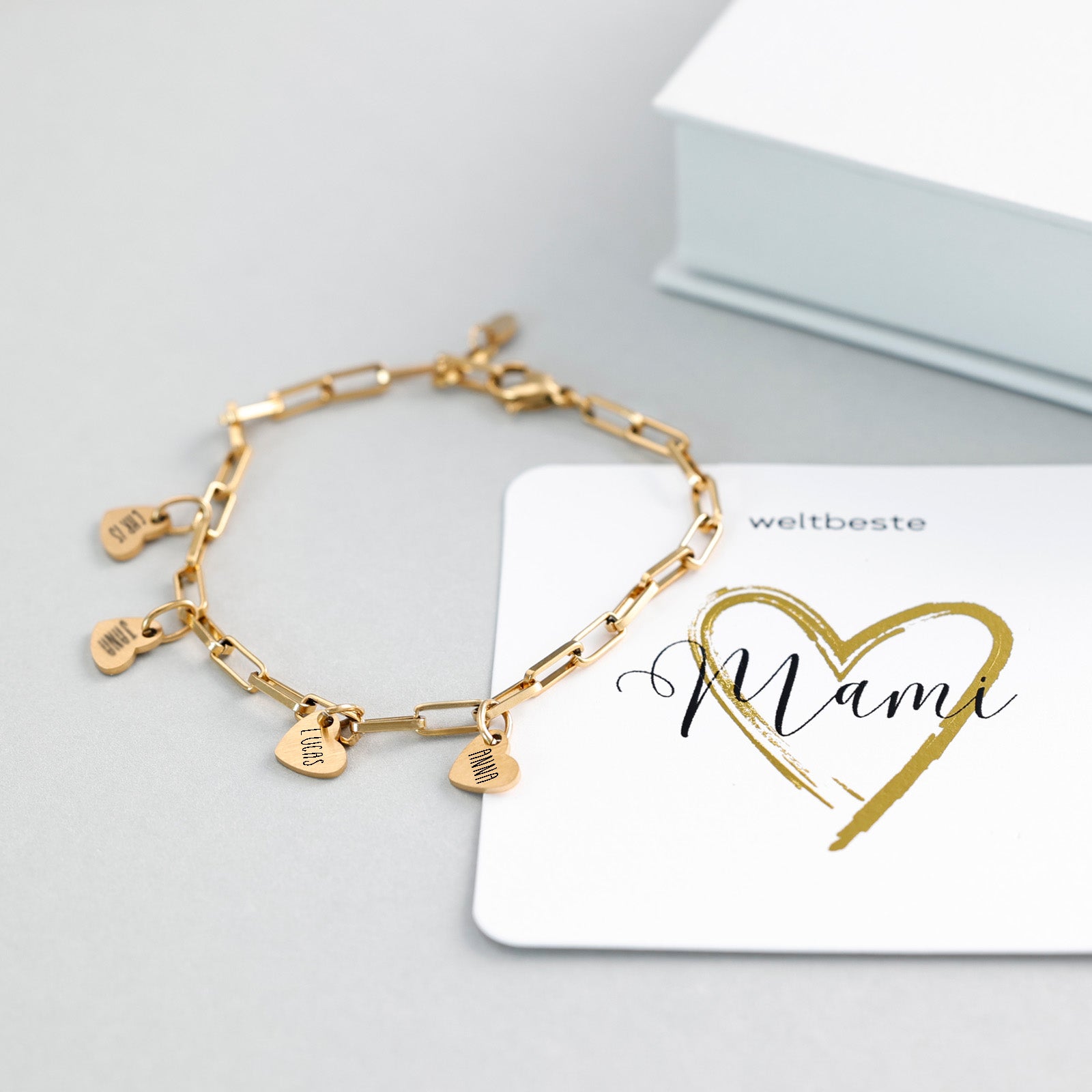 Geschenk für Mama mit Karte - Armband mit Name - Personalisiertes Armband - Edelstahl Armkettchen mit Gravur - Familie Armband - LW001 - VIVIANNASCHMUCK