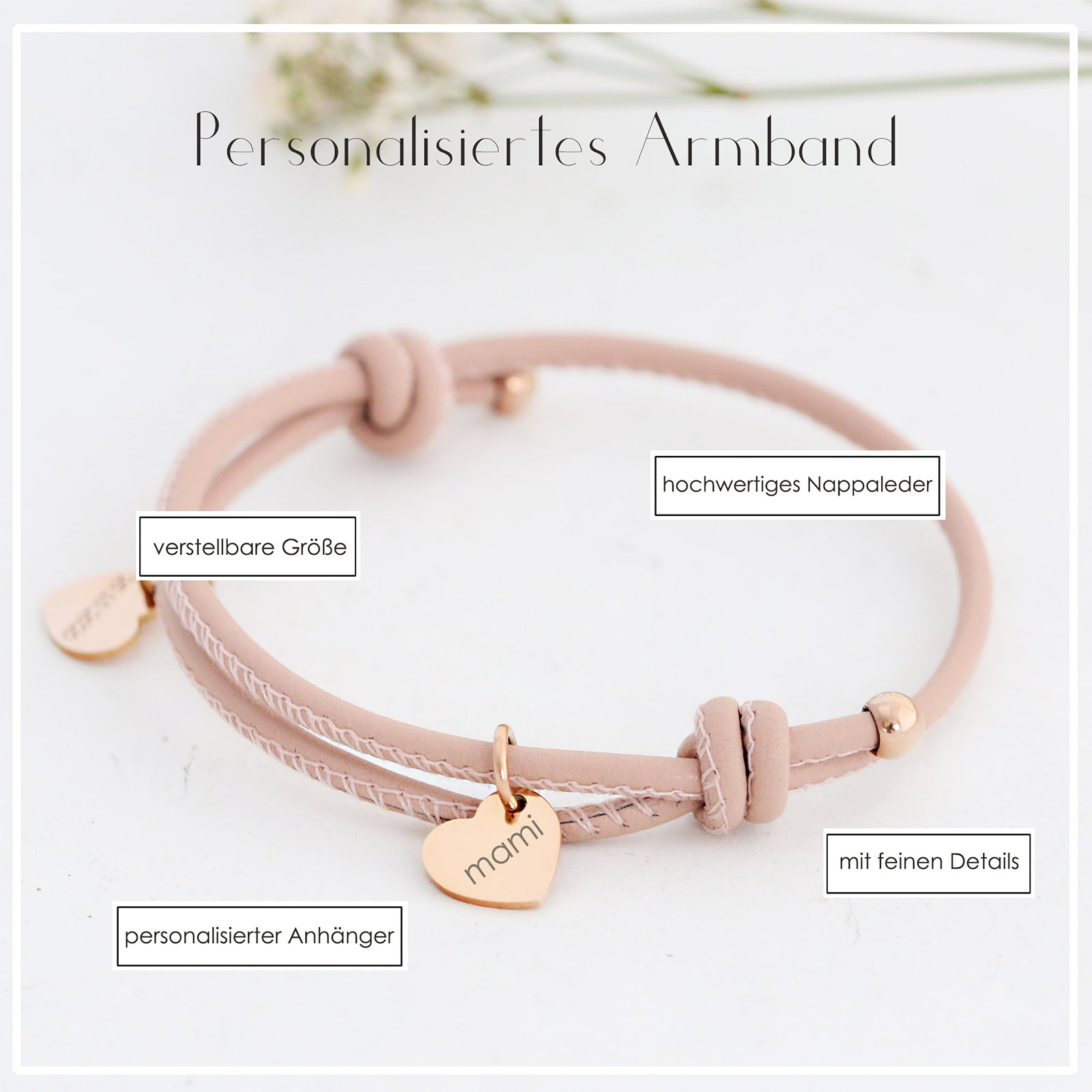 Lederarmband mit Herz-Anhänger - Personalisierte Gravur - Verstellbares Lederarmband - Verschiedene Farben - Geschenk für sie - A164