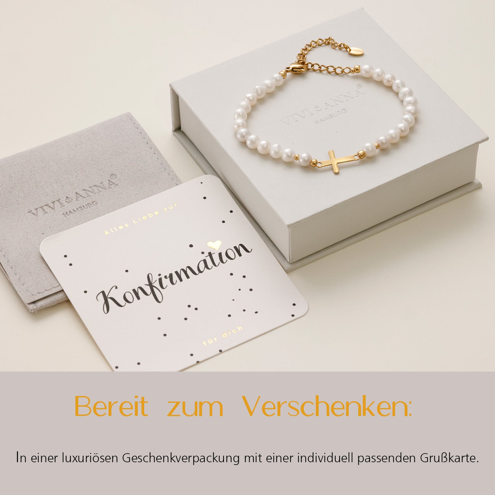 Süßwasserperlen Kreuz Armband - Geschenk zur Konfirmation mit Karte