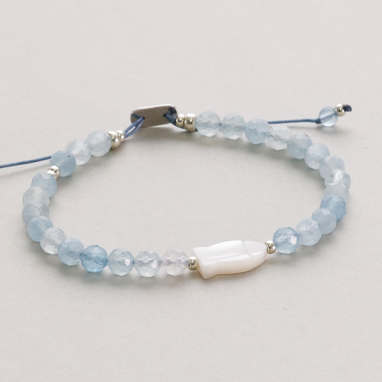 Aquamarine Mother of Pearl Ichthys Bracelet - Confirmation Gift with Card - 925 Sterling Silver