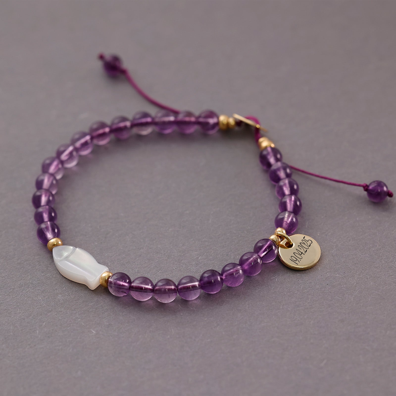 Amethyst Perlmutt-Ichthys Armband - Geschenk zur Konfirmation mit Karte - 925er Sterling Silber