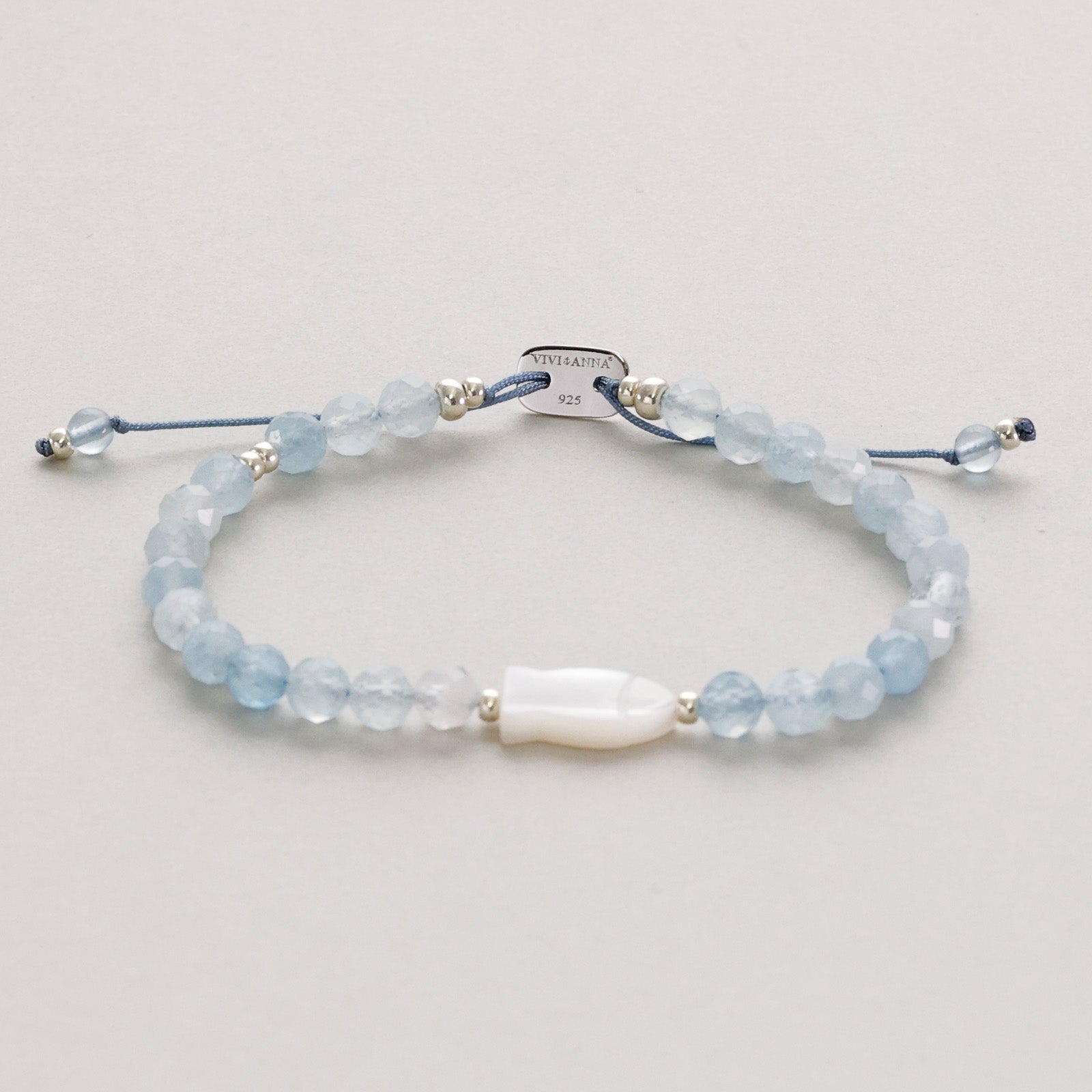 Aquamarin Perlmutt-Ichthys Armband - Geschenk zur Konfirmation mit Karte - 925er Sterling Silber