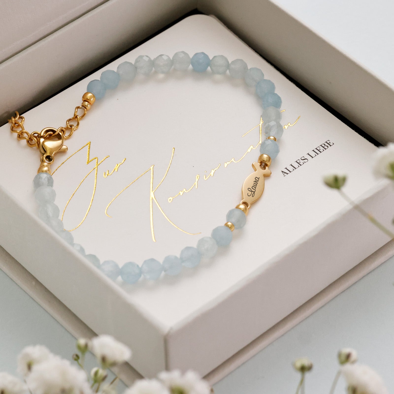 Aquamarin Ichthys Armband - Geschenk zur Konfirmation mit Karte