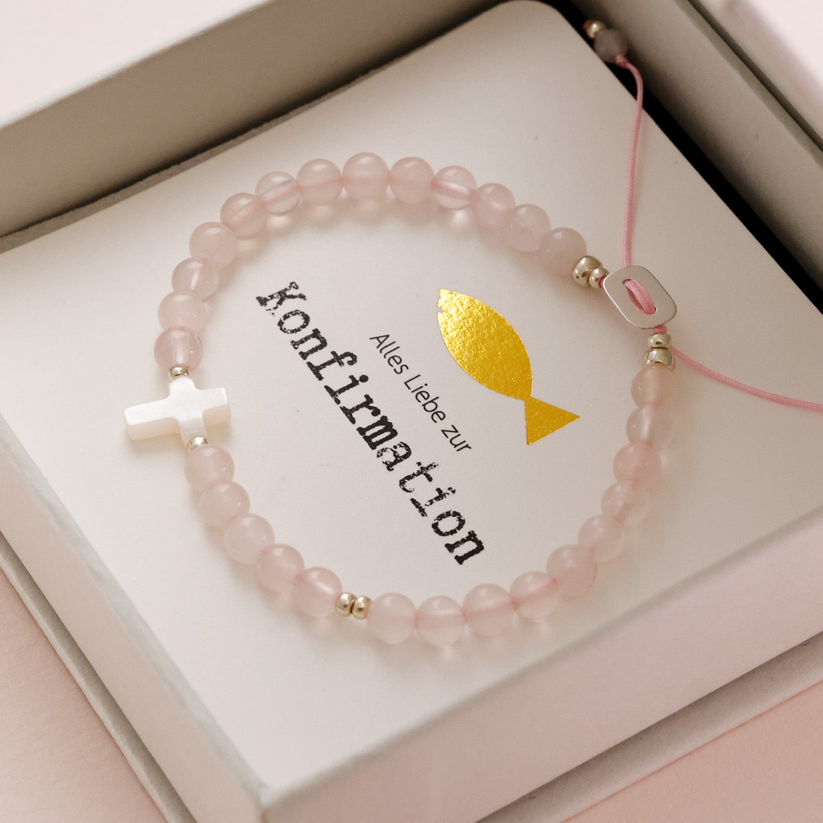 Rose Quartz Mother of Pearl Cross Bracelet - Confirmation Gift with Card - 925 Sterling Silver