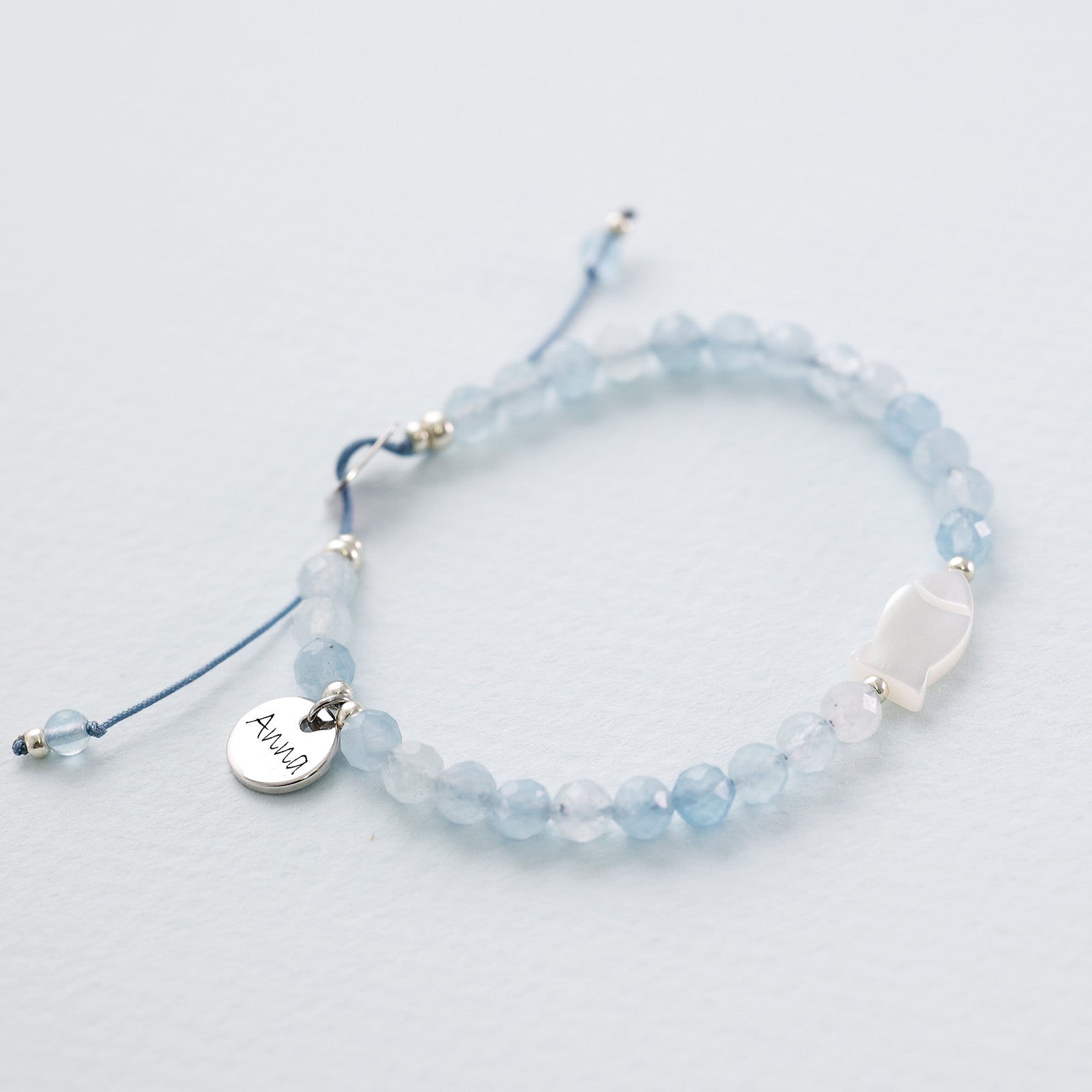 Aquamarin Perlmutt-Ichthys Armband - Geschenk zur Konfirmation mit Karte - 925er Sterling Silber