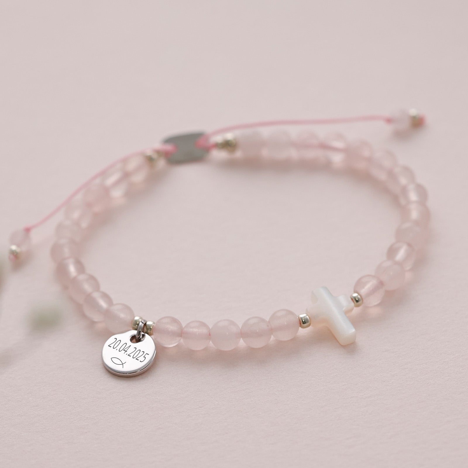 Rose Quartz Mother of Pearl Cross Bracelet - Confirmation Gift with Card - 925 Sterling Silver