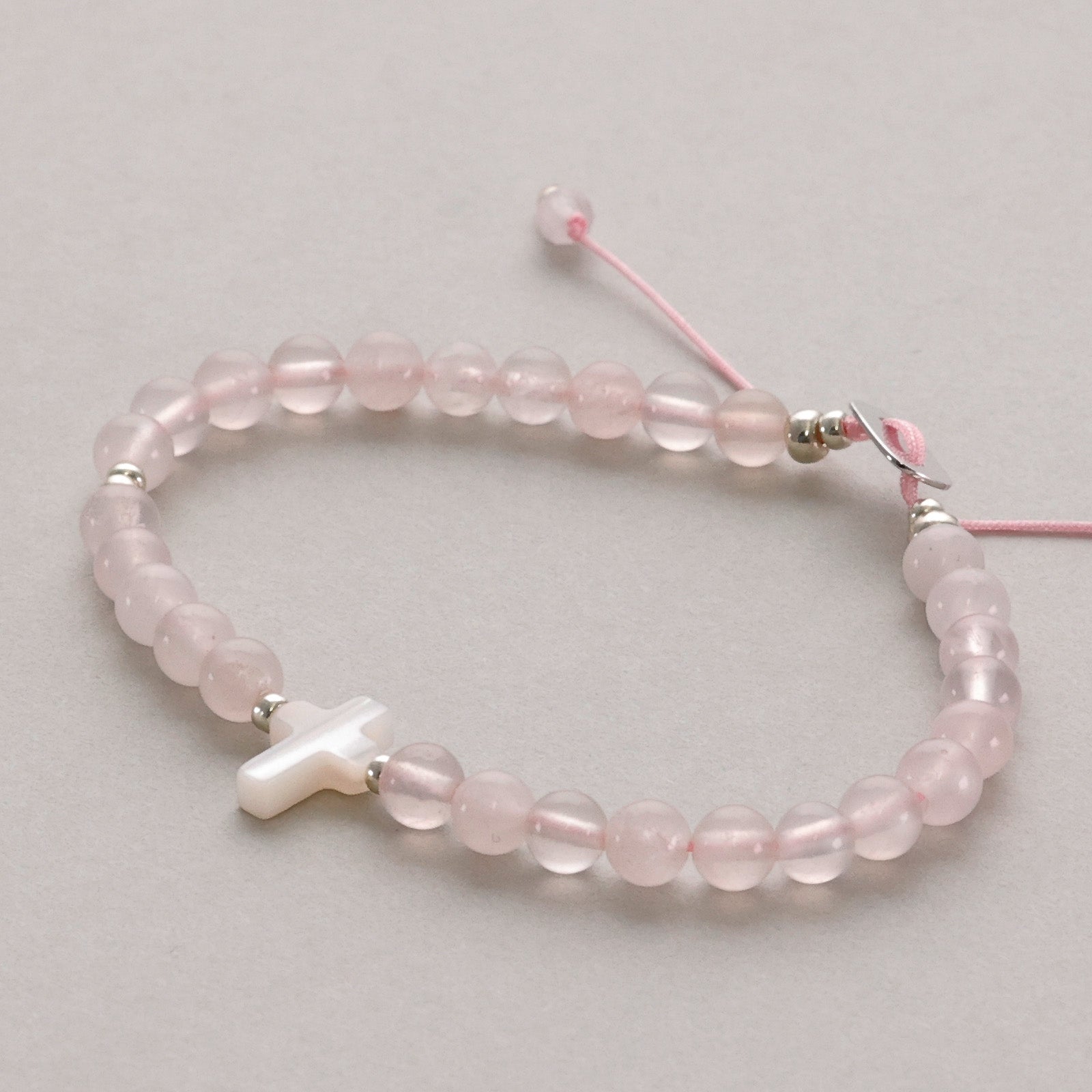 Rose Quartz Mother of Pearl Cross Bracelet - Confirmation Gift with Card - 925 Sterling Silver