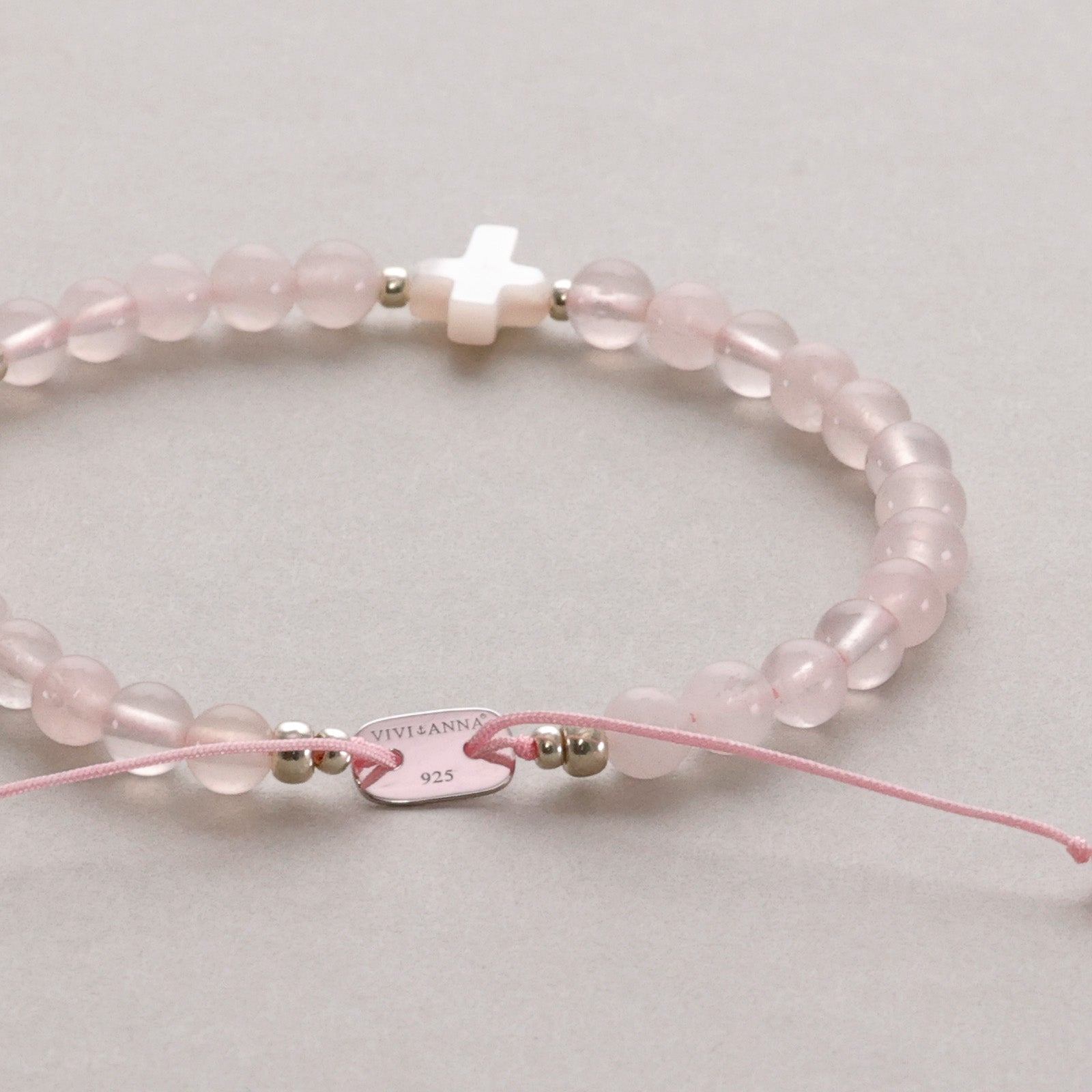 Rose Quartz Mother of Pearl Cross Bracelet - Confirmation Gift with Card - 925 Sterling Silver