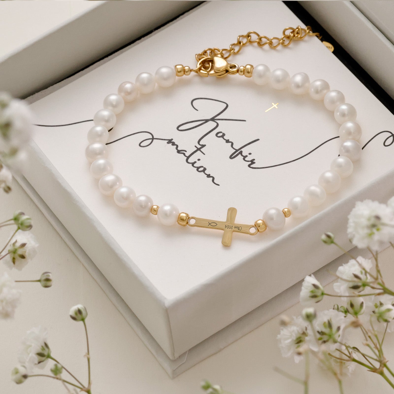 Freshwater Pearl Cross Bracelet - Confirmation Gift with Card